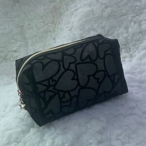 Black Heart Pattern Cosmetic Pouch with Gold Zip (NWOT)